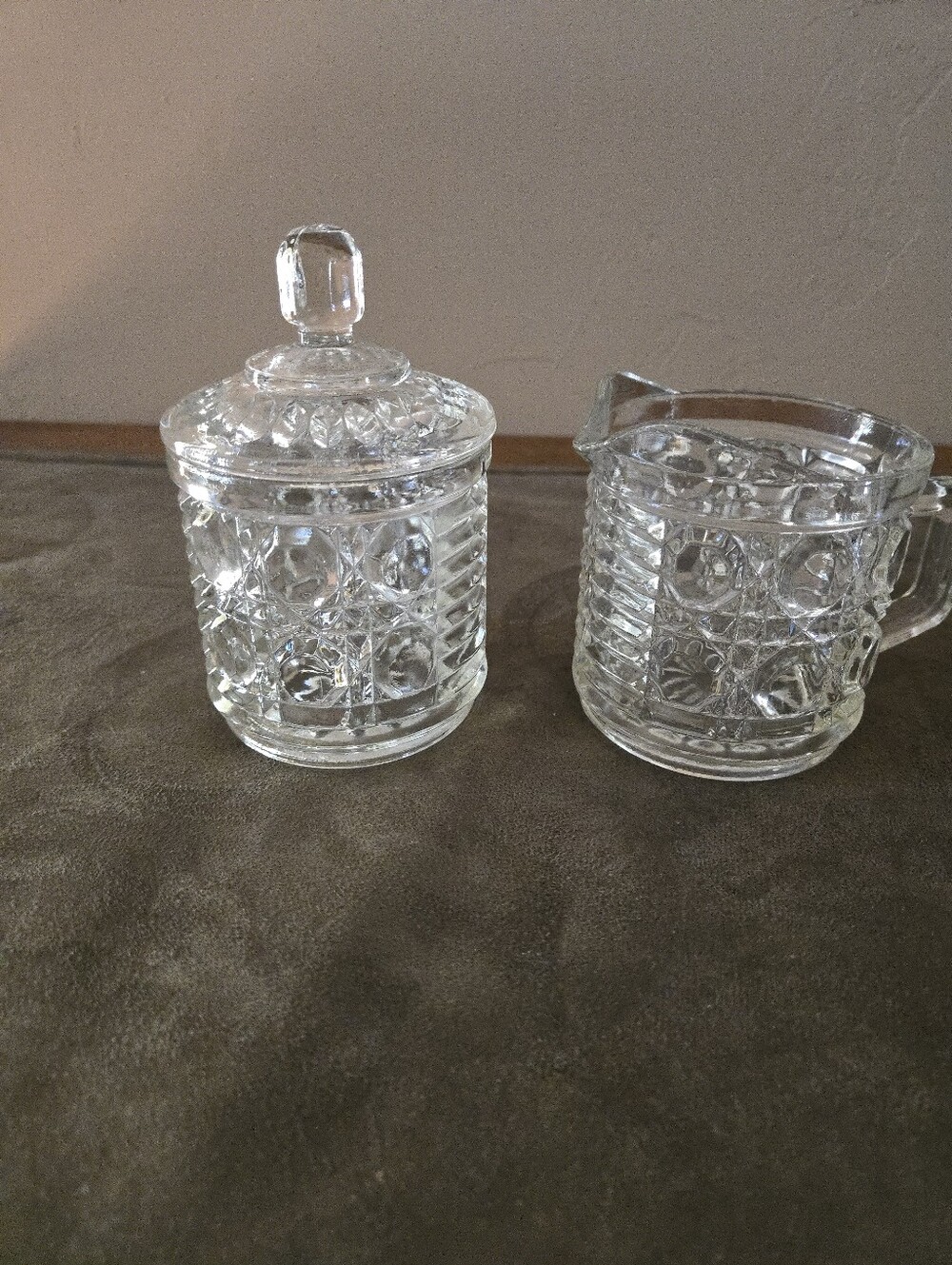 VTG Cut Glass Sugar and Creamer Set - Clear Pressed Glass